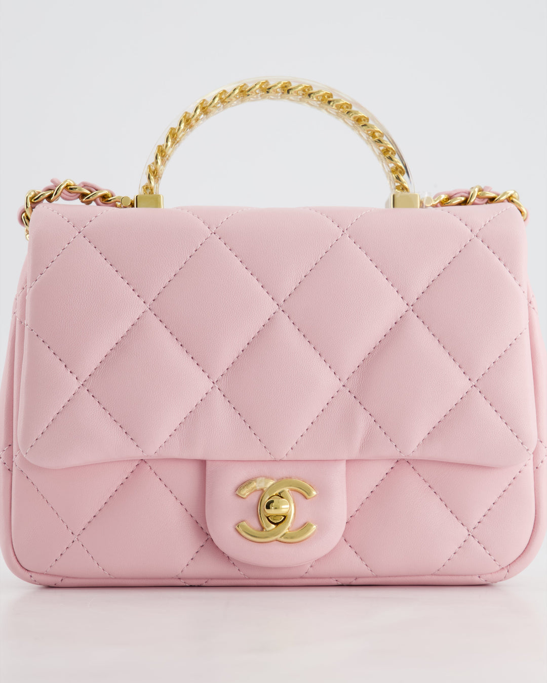 *CURRENT COLLECTION* Top Quality Chanel Petal Pink Mini Top Handle Bag in Calfskin Leather with Gold Hardware and Clear Perspex Handle Detail
