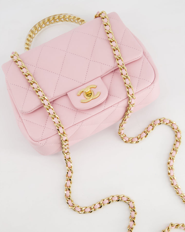 *CURRENT COLLECTION* Top Quality Chanel Petal Pink Mini Top Handle Bag in Calfskin Leather with Gold Hardware and Clear Perspex Handle Detail