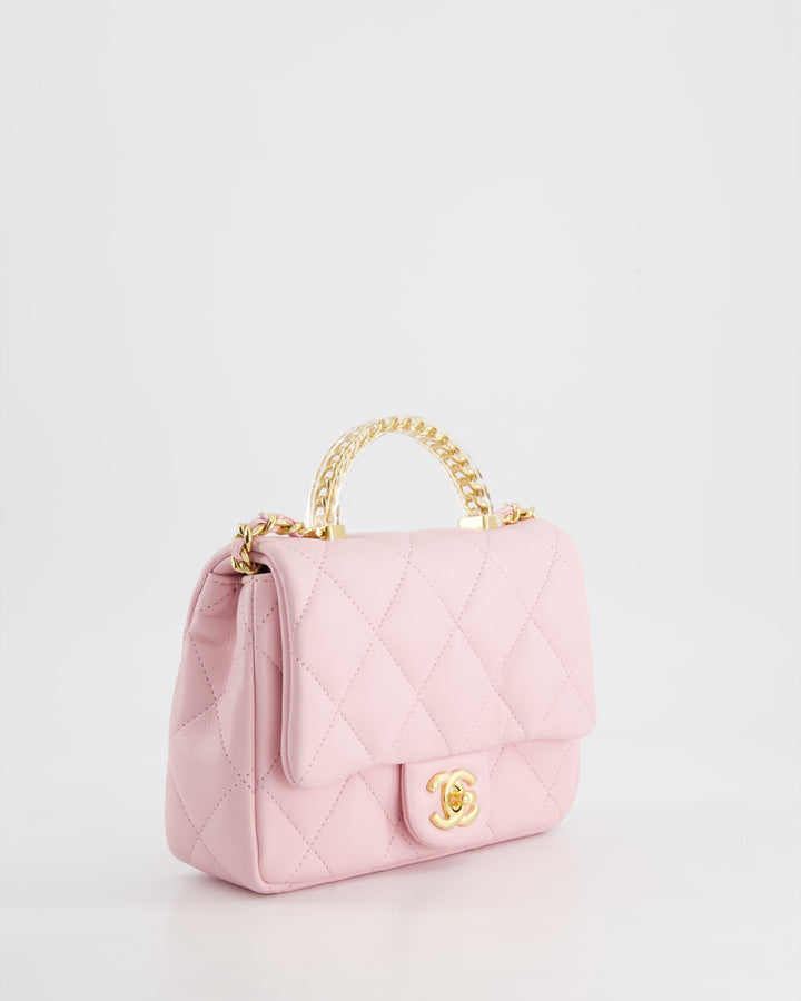 *CURRENT COLLECTION* Top Quality Chanel Petal Pink Mini Top Handle Bag in Calfskin Leather with Gold Hardware and Clear Perspex Handle Detail