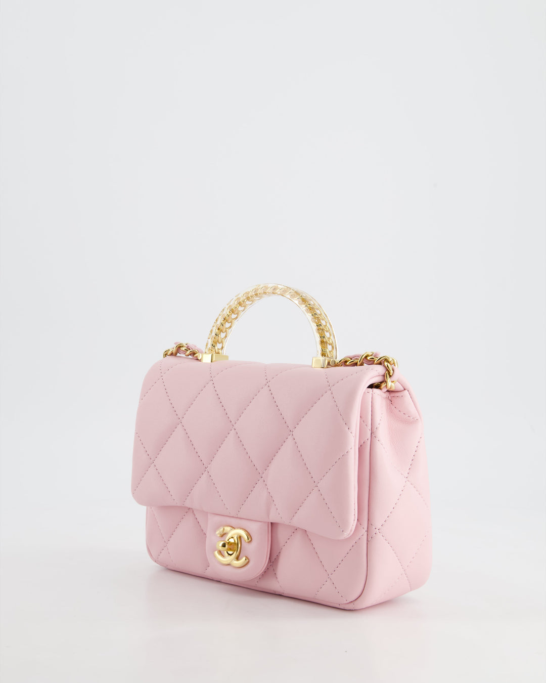 *CURRENT COLLECTION* Top Quality Chanel Petal Pink Mini Top Handle Bag in Calfskin Leather with Gold Hardware and Clear Perspex Handle Detail