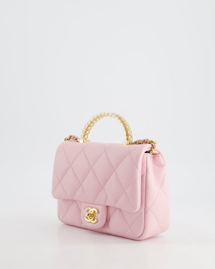*CURRENT COLLECTION* Top Quality Chanel Petal Pink Mini Top Handle Bag in Calfskin Leather with Gold Hardware and Clear Perspex Handle Detail