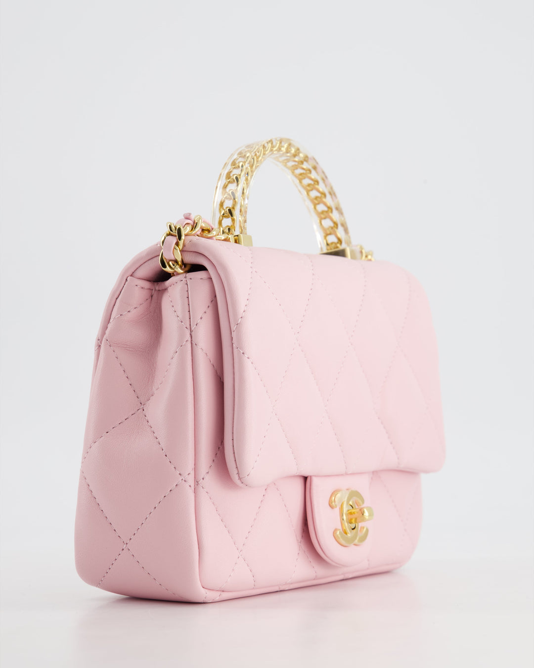 *CURRENT COLLECTION* Top Quality Chanel Petal Pink Mini Top Handle Bag in Calfskin Leather with Gold Hardware and Clear Perspex Handle Detail