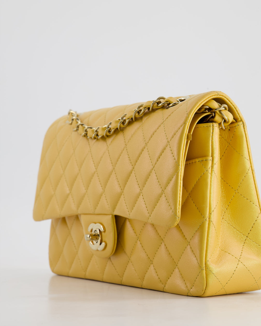 *HOT* Top Quality Chanel Iridescent Mustard Yellow Medium Double Flap Bag in Lambskin Leather with Champagne Gold Hardware