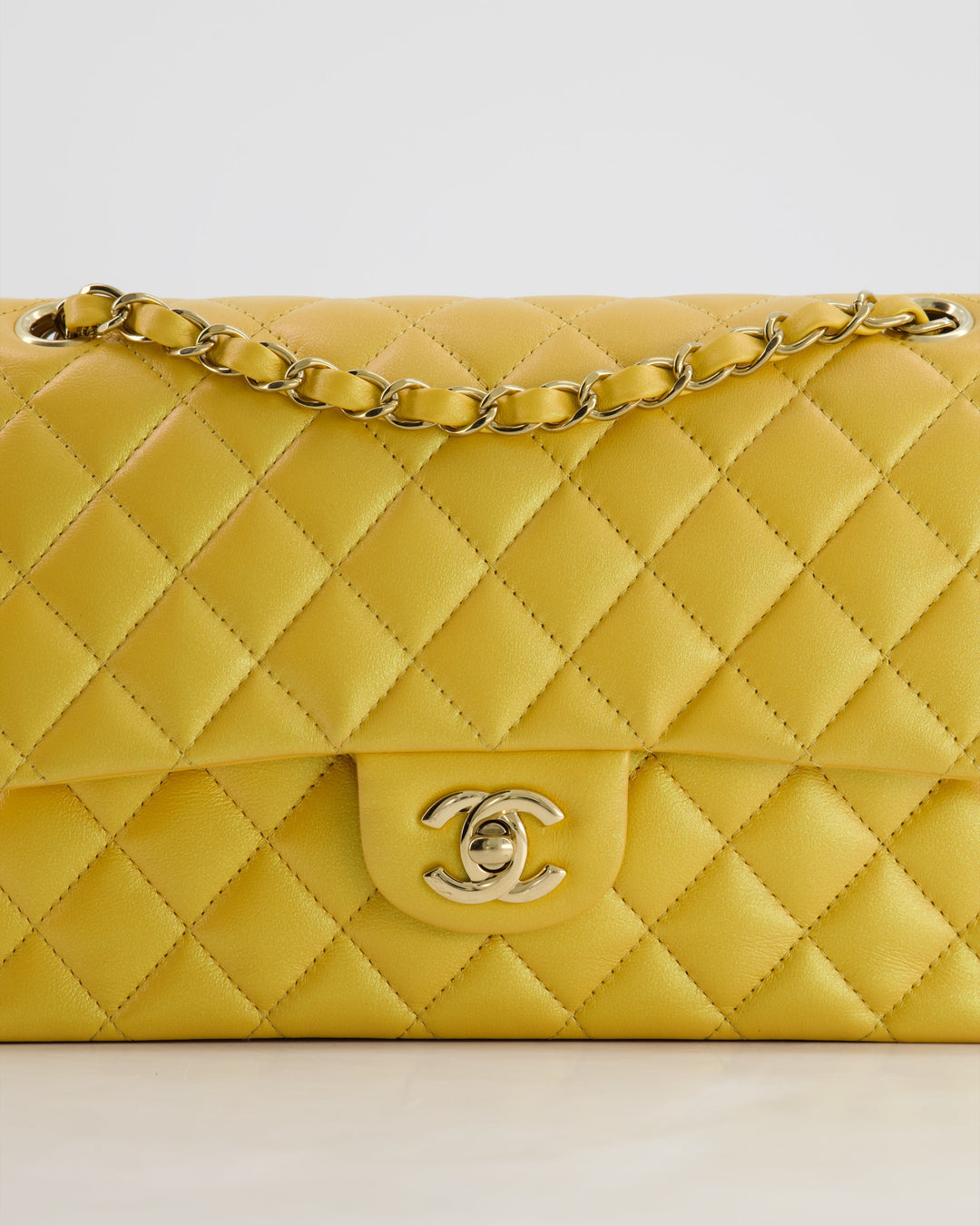 *HOT* Top Quality Chanel Iridescent Mustard Yellow Medium Double Flap Bag in Lambskin Leather with Champagne Gold Hardware