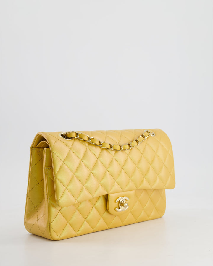 *HOT* Top Quality Chanel Iridescent Mustard Yellow Medium Double Flap Bag in Lambskin Leather with Champagne Gold Hardware