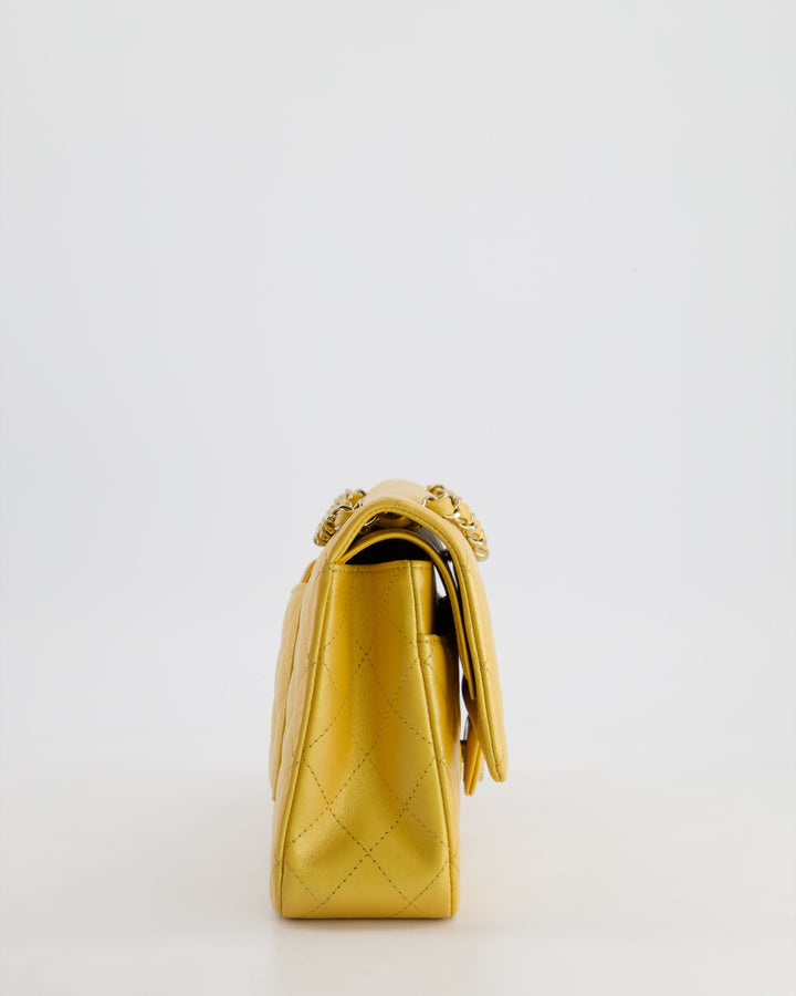 *HOT* Top Quality Chanel Iridescent Mustard Yellow Medium Double Flap Bag in Lambskin Leather with Champagne Gold Hardware