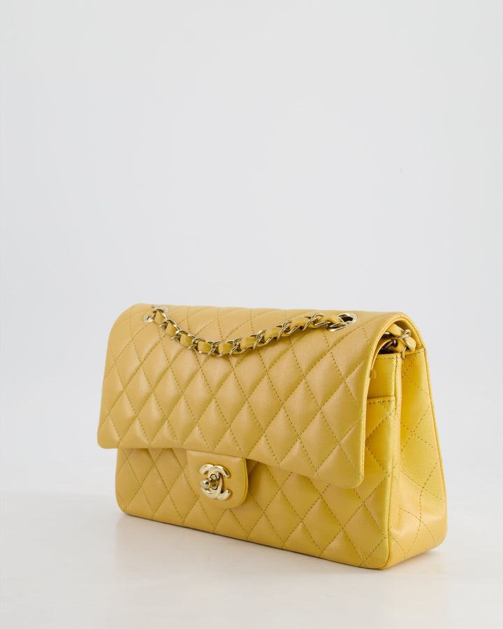 *HOT* Top Quality Chanel Iridescent Mustard Yellow Medium Double Flap Bag in Lambskin Leather with Champagne Gold Hardware