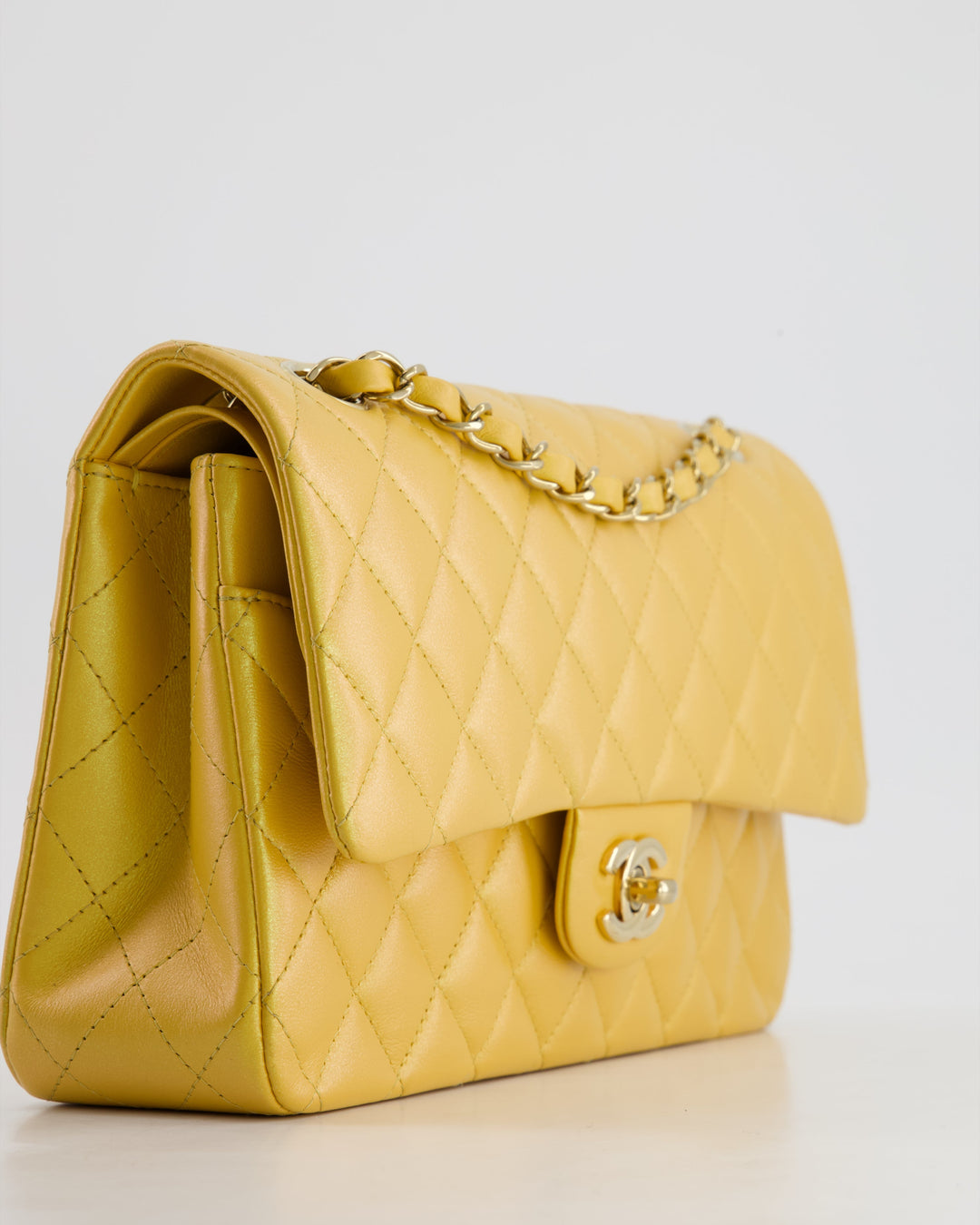 *HOT* Top Quality Chanel Iridescent Mustard Yellow Medium Double Flap Bag in Lambskin Leather with Champagne Gold Hardware