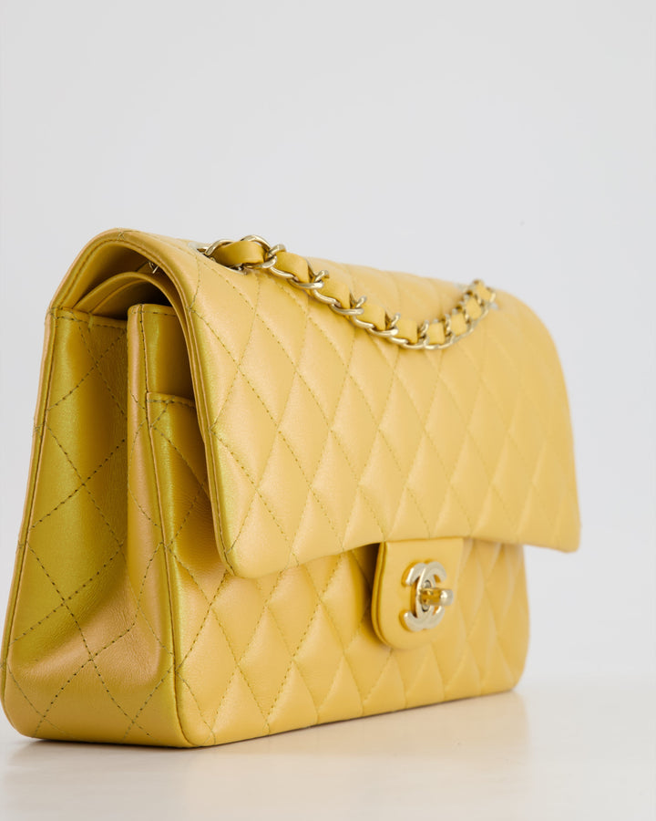 *HOT* Top Quality Chanel Iridescent Mustard Yellow Medium Double Flap Bag in Lambskin Leather with Champagne Gold Hardware