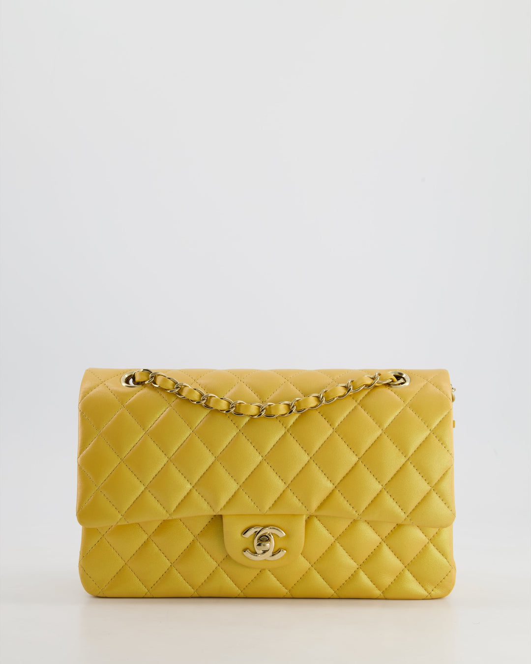 *HOT* Top Quality Chanel Iridescent Mustard Yellow Medium Double Flap Bag in Lambskin Leather with Champagne Gold Hardware