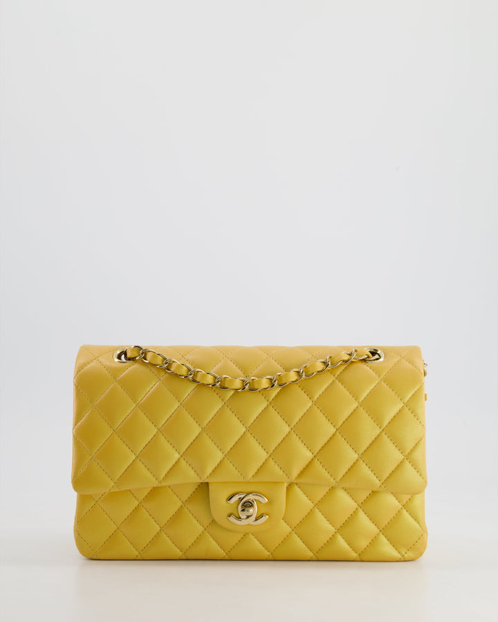 *HOT* Top Quality Chanel Iridescent Mustard Yellow Medium Double Flap Bag in Lambskin Leather with Champagne Gold Hardware