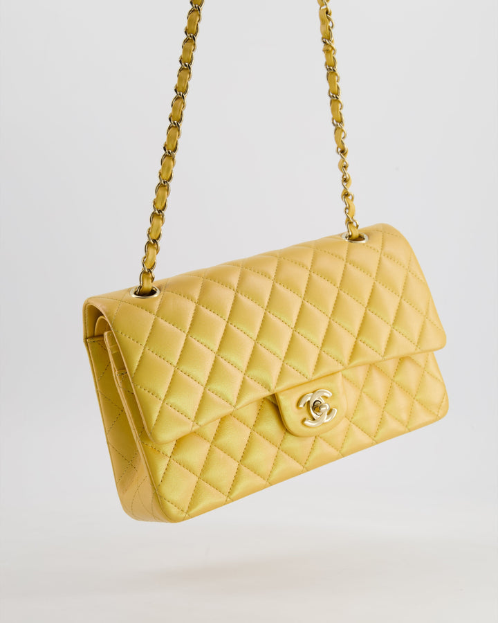 *HOT* Top Quality Chanel Iridescent Mustard Yellow Medium Double Flap Bag in Lambskin Leather with Champagne Gold Hardware
