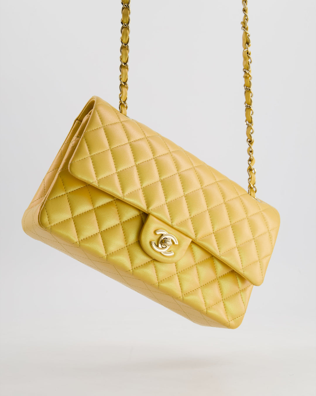 *HOT* Top Quality Chanel Iridescent Mustard Yellow Medium Double Flap Bag in Lambskin Leather with Champagne Gold Hardware