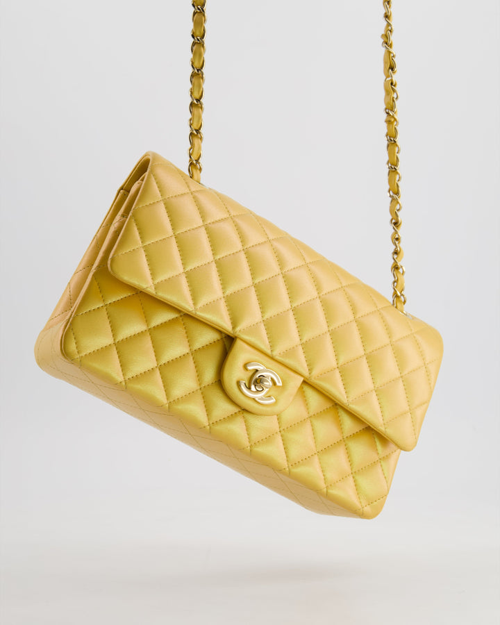 *HOT* Top Quality Chanel Iridescent Mustard Yellow Medium Double Flap Bag in Lambskin Leather with Champagne Gold Hardware