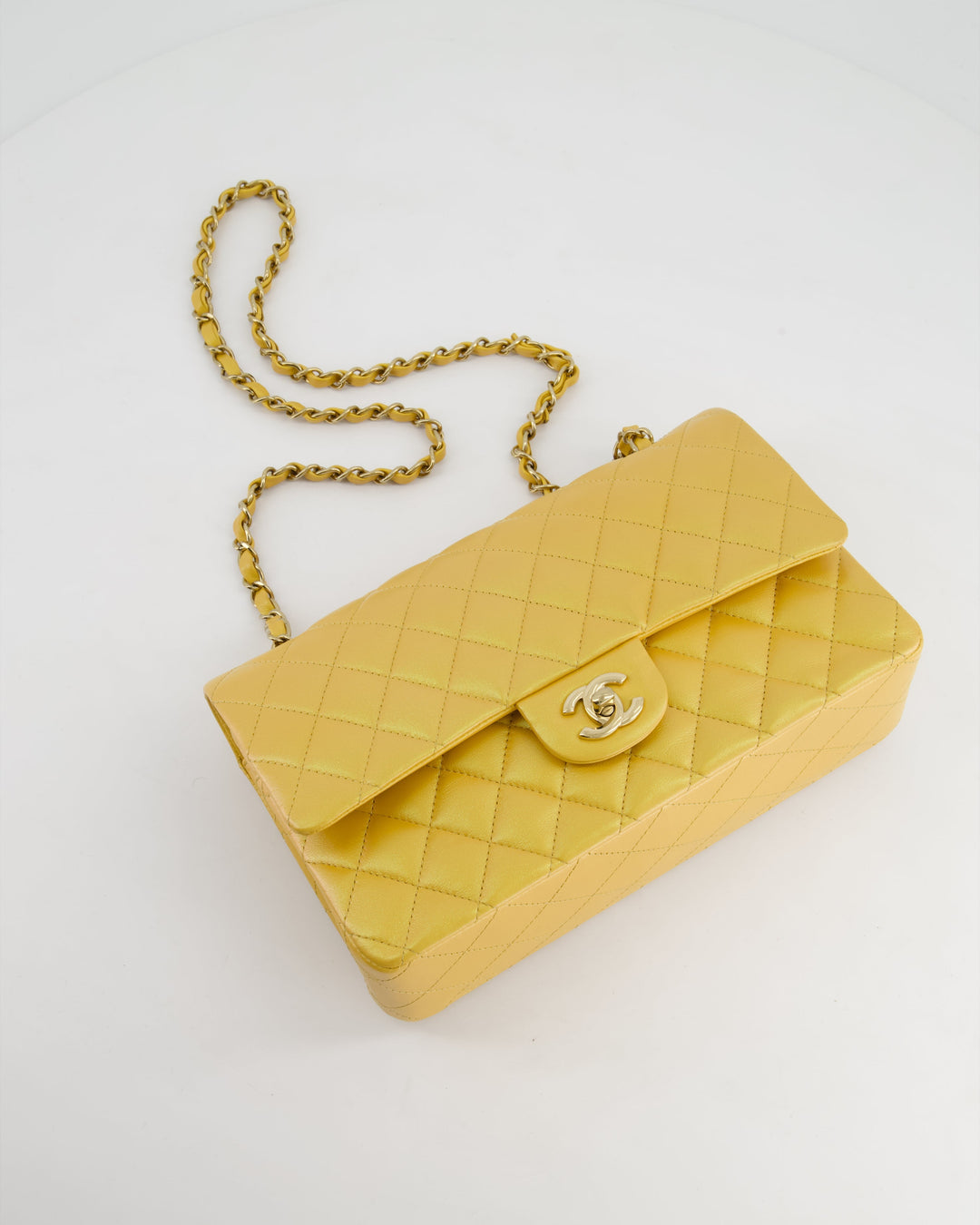 *HOT* Top Quality Chanel Iridescent Mustard Yellow Medium Double Flap Bag in Lambskin Leather with Champagne Gold Hardware