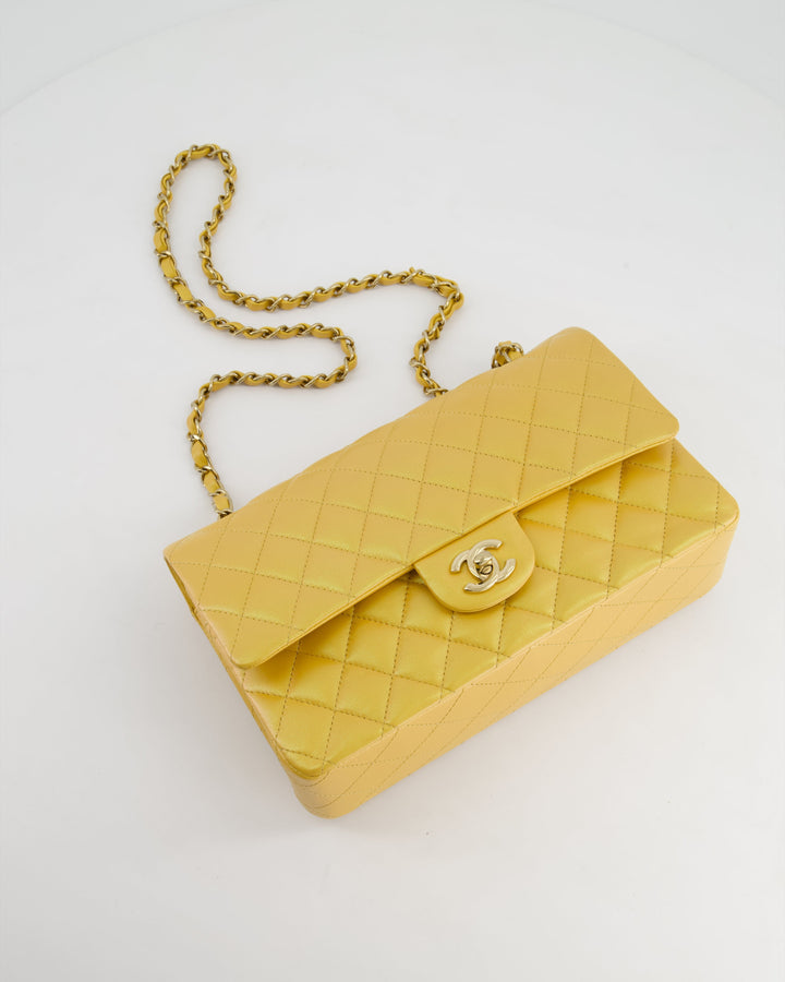 *HOT* Top Quality Chanel Iridescent Mustard Yellow Medium Double Flap Bag in Lambskin Leather with Champagne Gold Hardware