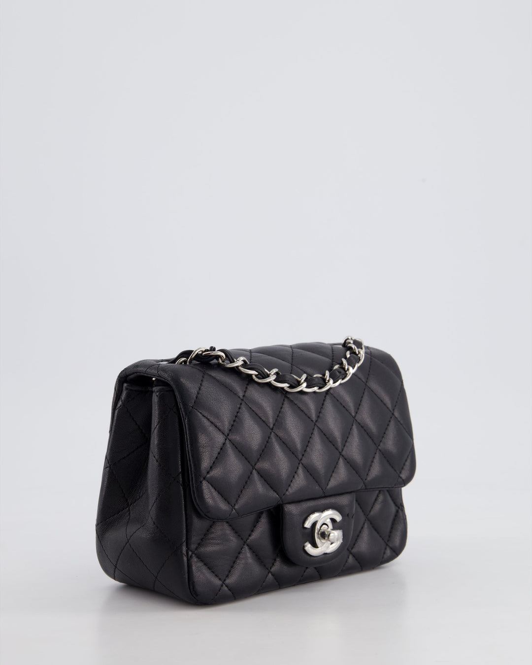 *HOT* Top Quality Chanel Black Mini Square Flap Bag in Lambskin with Silver Hardware