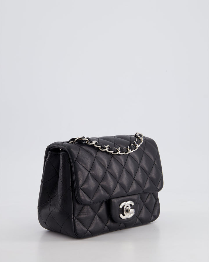 *HOT* Top Quality Chanel Black Mini Square Flap Bag in Lambskin with Silver Hardware