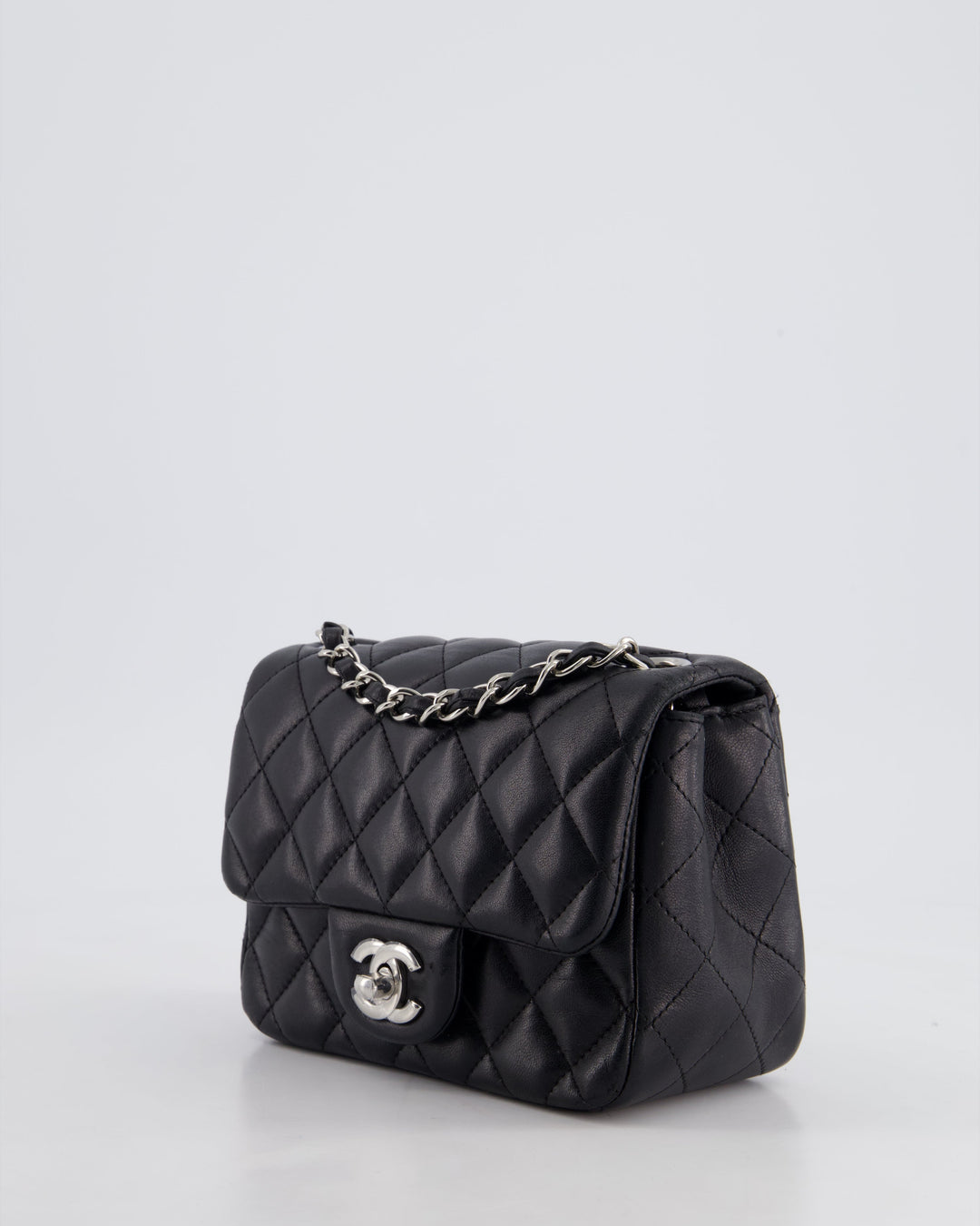 *HOT* Top Quality Chanel Black Mini Square Flap Bag in Lambskin with Silver Hardware
