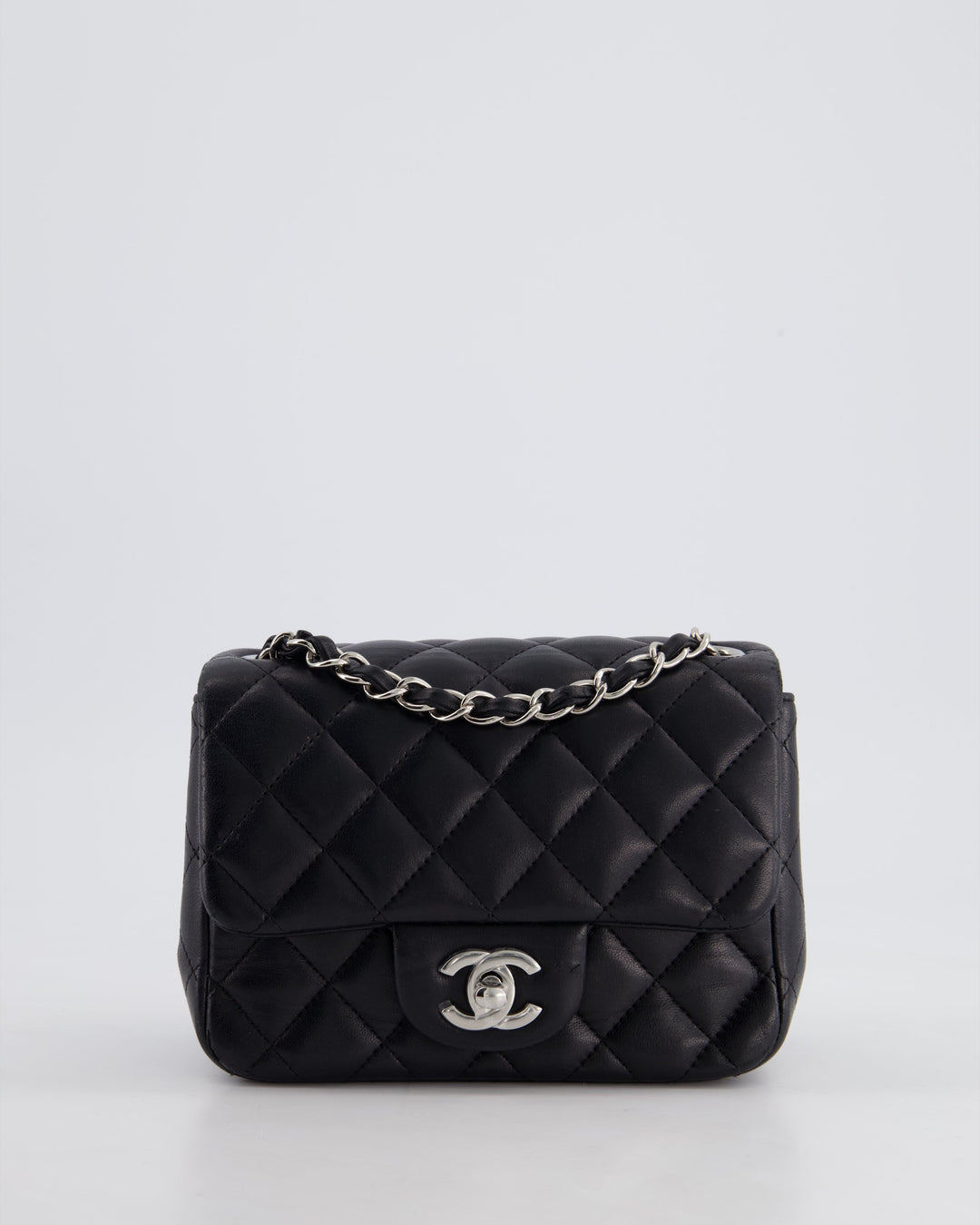 *HOT* Top Quality Chanel Black Mini Square Flap Bag in Lambskin with Silver Hardware