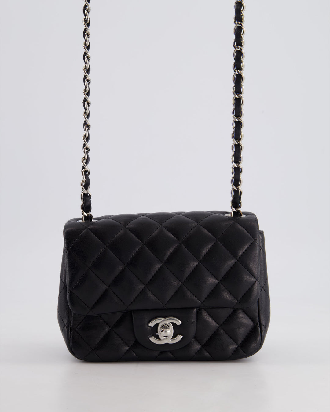*HOT* Top Quality Chanel Black Mini Square Flap Bag in Lambskin with Silver Hardware