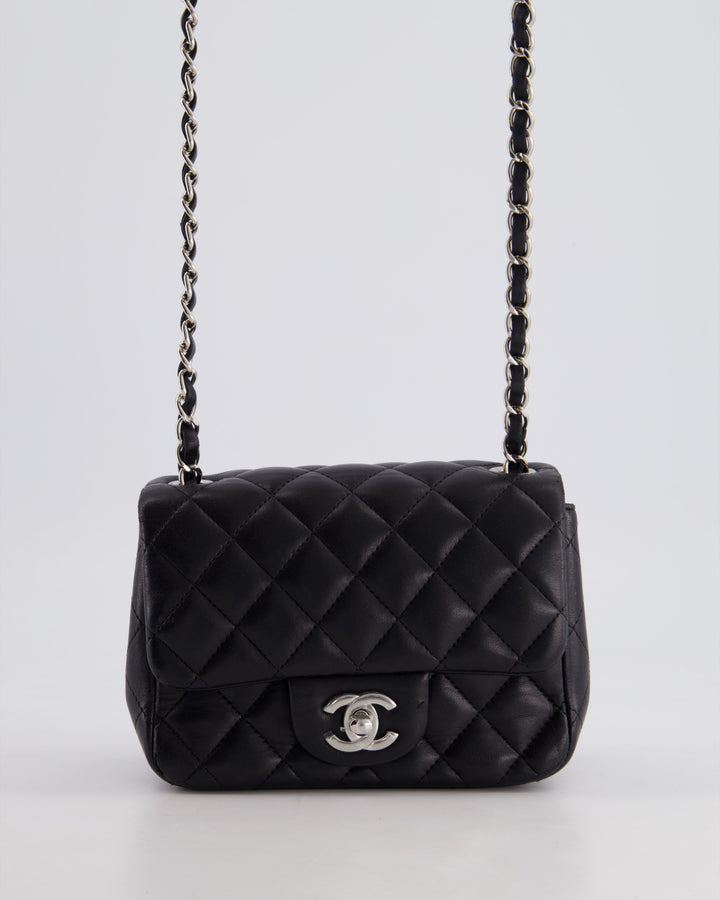 *HOT* Top Quality Chanel Black Mini Square Flap Bag in Lambskin with Silver Hardware