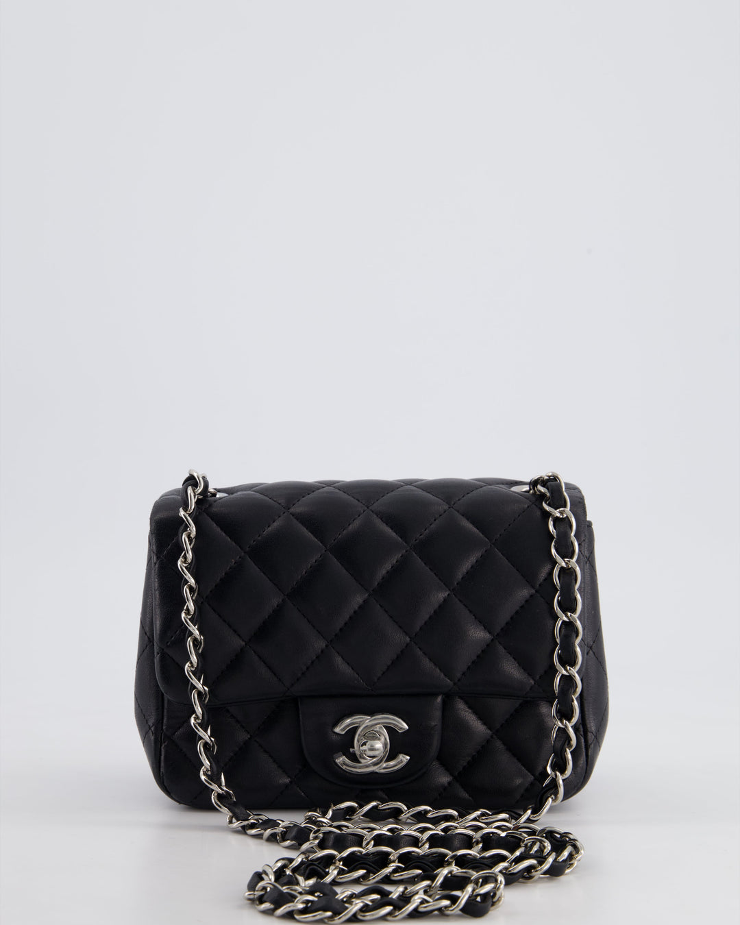 *HOT* Top Quality Chanel Black Mini Square Flap Bag in Lambskin with Silver Hardware