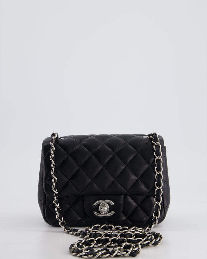 *HOT* Top Quality Chanel Black Mini Square Flap Bag in Lambskin with Silver Hardware