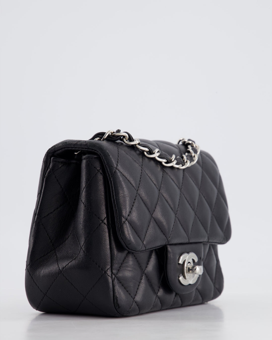 *HOT* Top Quality Chanel Black Mini Square Flap Bag in Lambskin with Silver Hardware