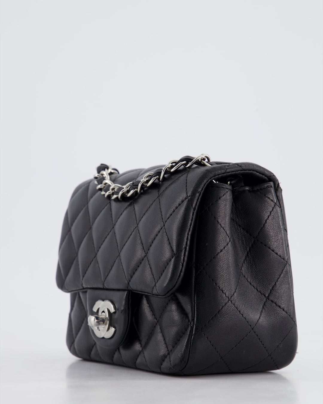 *HOT* Top Quality Chanel Black Mini Square Flap Bag in Lambskin with Silver Hardware