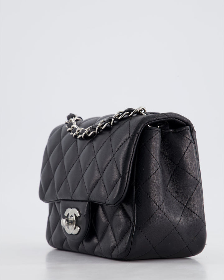 *HOT* Top Quality Chanel Black Mini Square Flap Bag in Lambskin with Silver Hardware