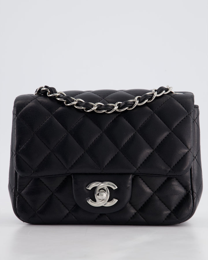 *HOT* Top Quality Chanel Black Mini Square Flap Bag in Lambskin with Silver Hardware