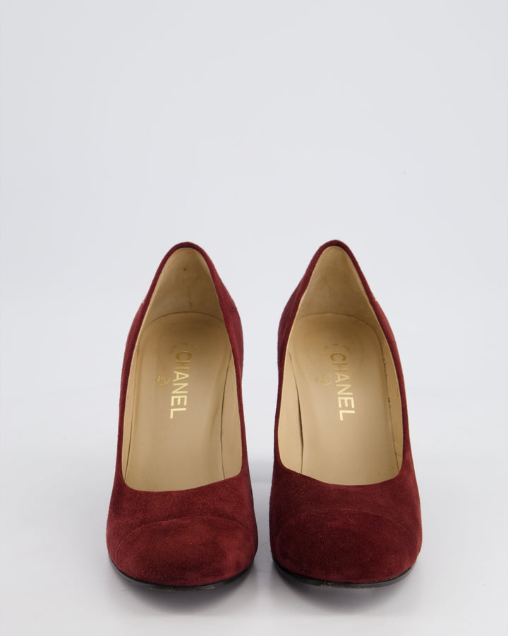 *HOT* Top Quality Chanel Burgundy Suede Pumps with Gold Metal Heels & CC Logo Details Size EU 40C