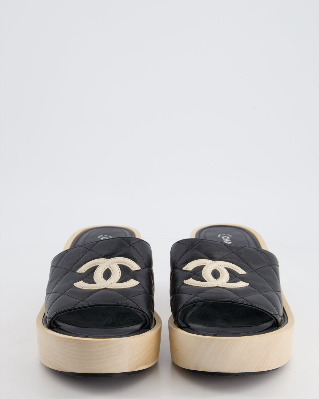 *HOT* Top Quality Chanel Black Wooden Mules in Lambskin Leather with Cream CC Logo Detail Size EU 40