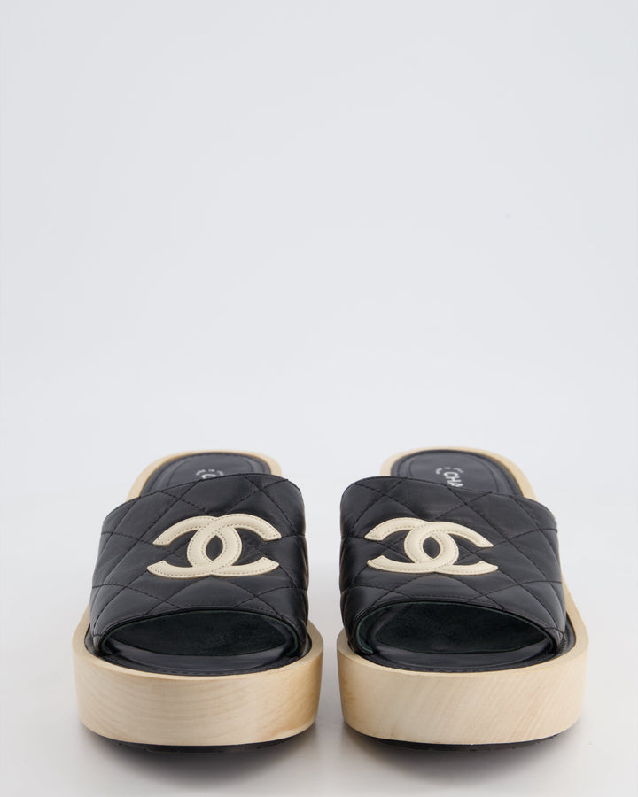 *HOT* Chanel Black Wooden Mules in Lambskin Leather with Cream CC Logo Detail Size EU 40