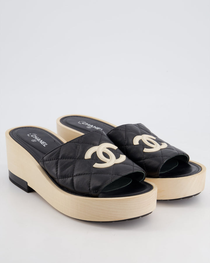 *HOT* Top Quality Chanel Black Wooden Mules in Lambskin Leather with Cream CC Logo Detail Size EU 40