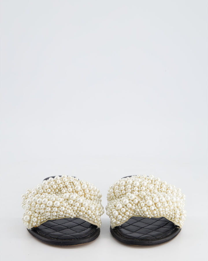 *HOT* Top Quality Chanel Black Sliders with Pearl Beaded Detail Size EU 38C