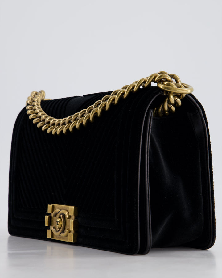 *HOT* Top Quality Chanel Black Velvet Chevron Medium Boy Bag with CC Logo and Antique Gold Hardware