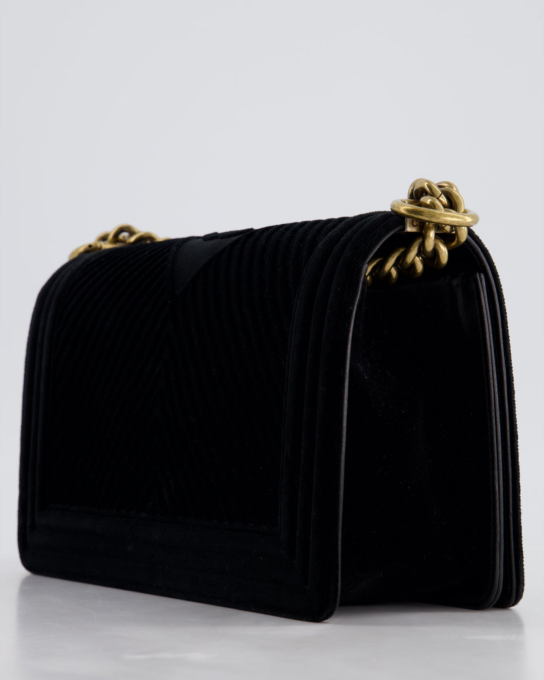 *HOT* Top Quality Chanel Black Velvet Chevron Medium Boy Bag with CC Logo and Antique Gold Hardware