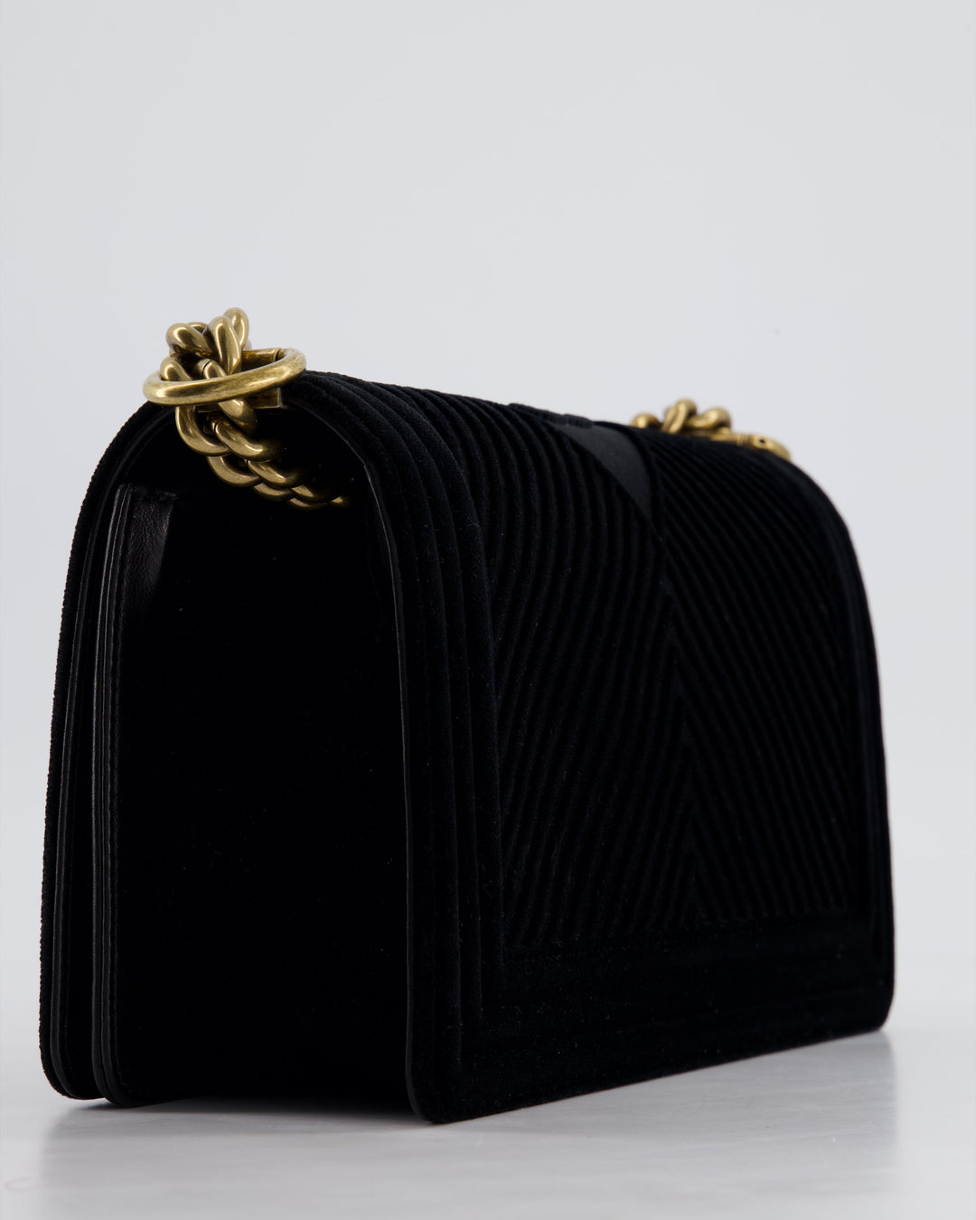 *HOT* Top Quality Chanel Black Velvet Chevron Medium Boy Bag with CC Logo and Antique Gold Hardware