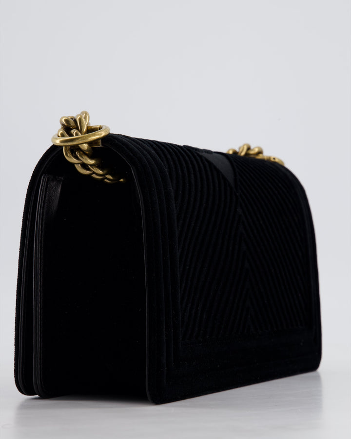 *HOT* Top Quality Chanel Black Velvet Chevron Medium Boy Bag with CC Logo and Antique Gold Hardware