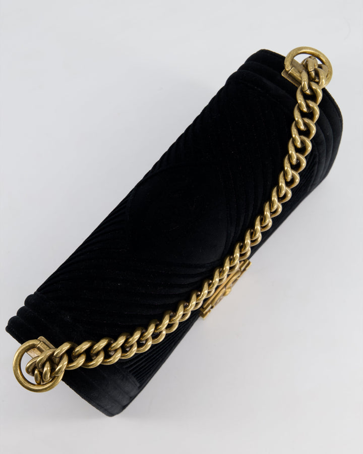 *HOT* Top Quality Chanel Black Velvet Chevron Medium Boy Bag with CC Logo and Antique Gold Hardware