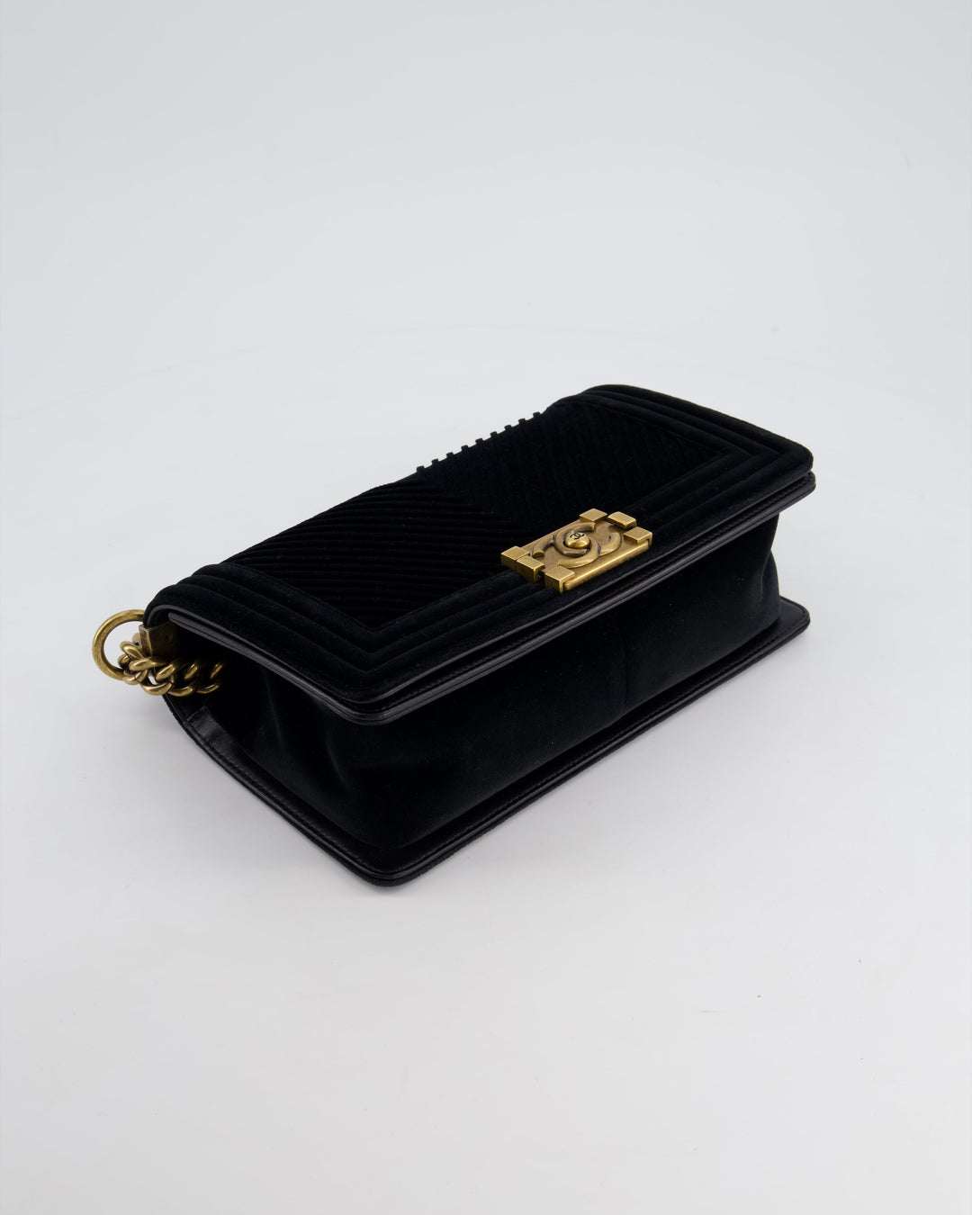 *HOT* Top Quality Chanel Black Velvet Chevron Medium Boy Bag with CC Logo and Antique Gold Hardware