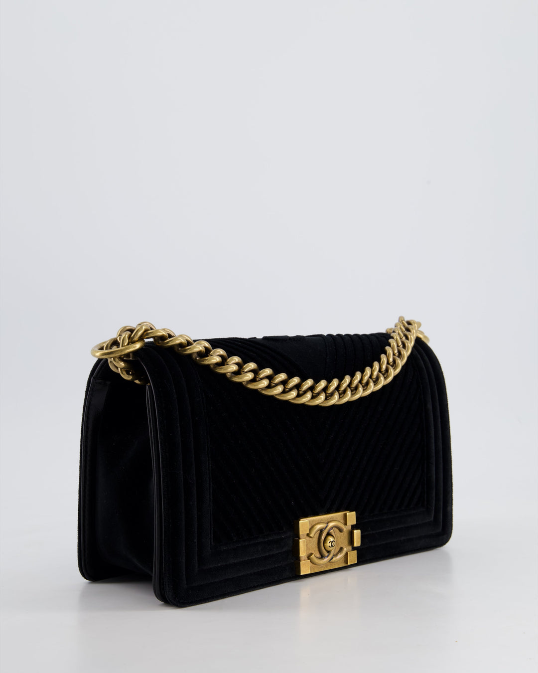 *HOT* Top Quality Chanel Black Velvet Chevron Medium Boy Bag with CC Logo and Antique Gold Hardware