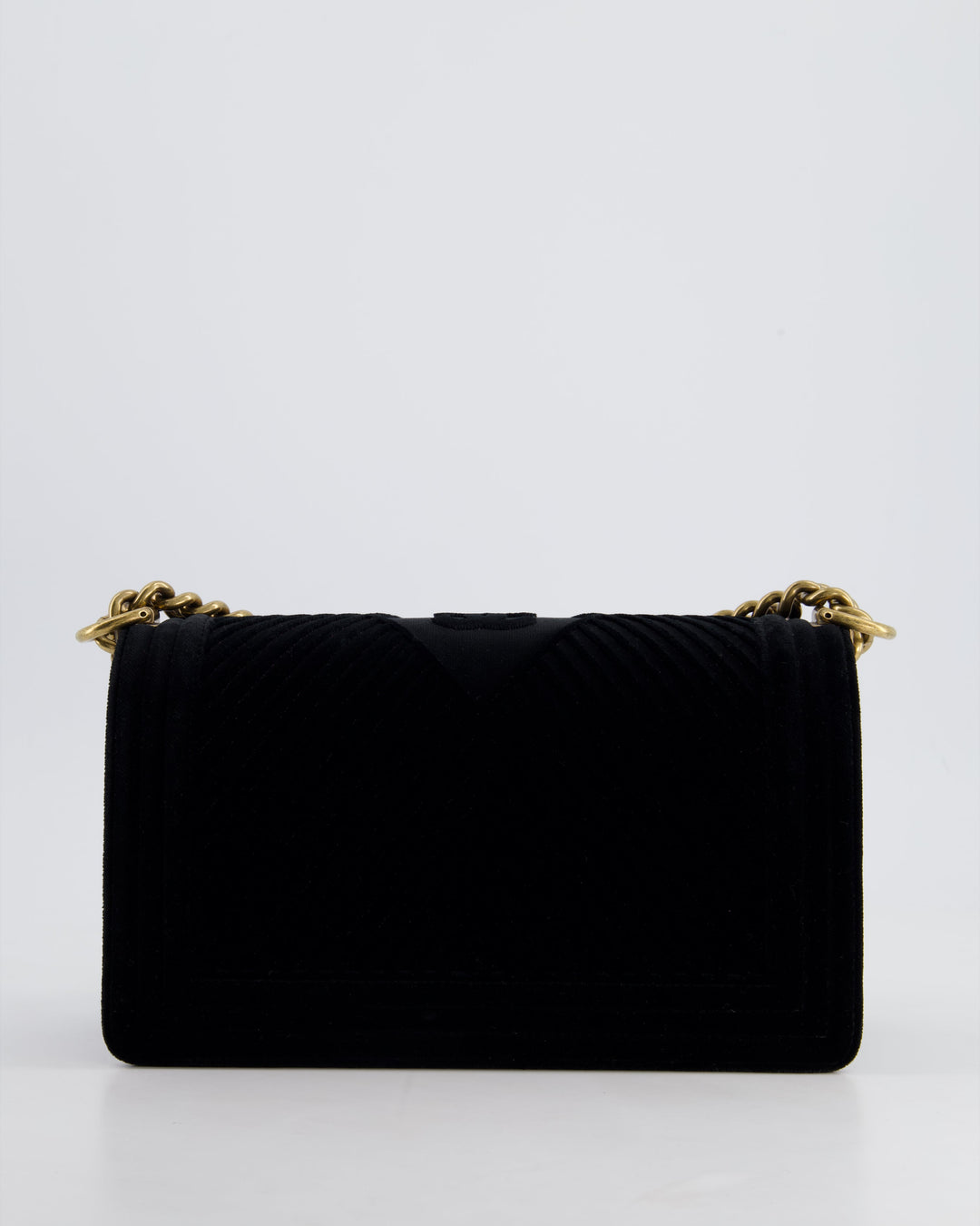 *HOT* Chanel Black Velvet Chevron Medium Boy Bag with CC Logo and Antique Gold Hardware