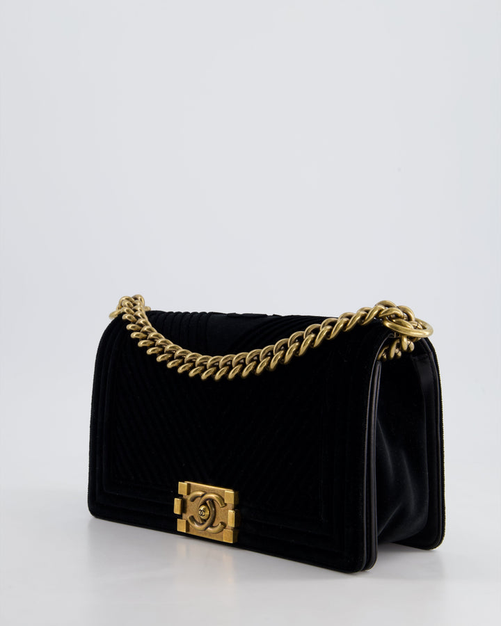 *HOT* Top Quality Chanel Black Velvet Chevron Medium Boy Bag with CC Logo and Antique Gold Hardware