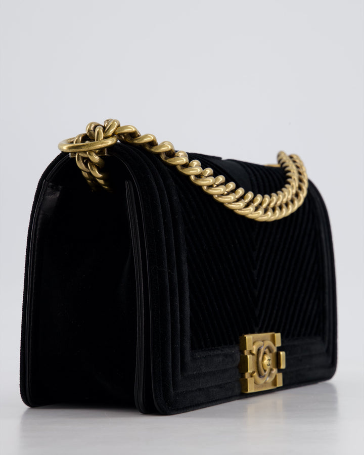 *HOT* Top Quality Chanel Black Velvet Chevron Medium Boy Bag with CC Logo and Antique Gold Hardware