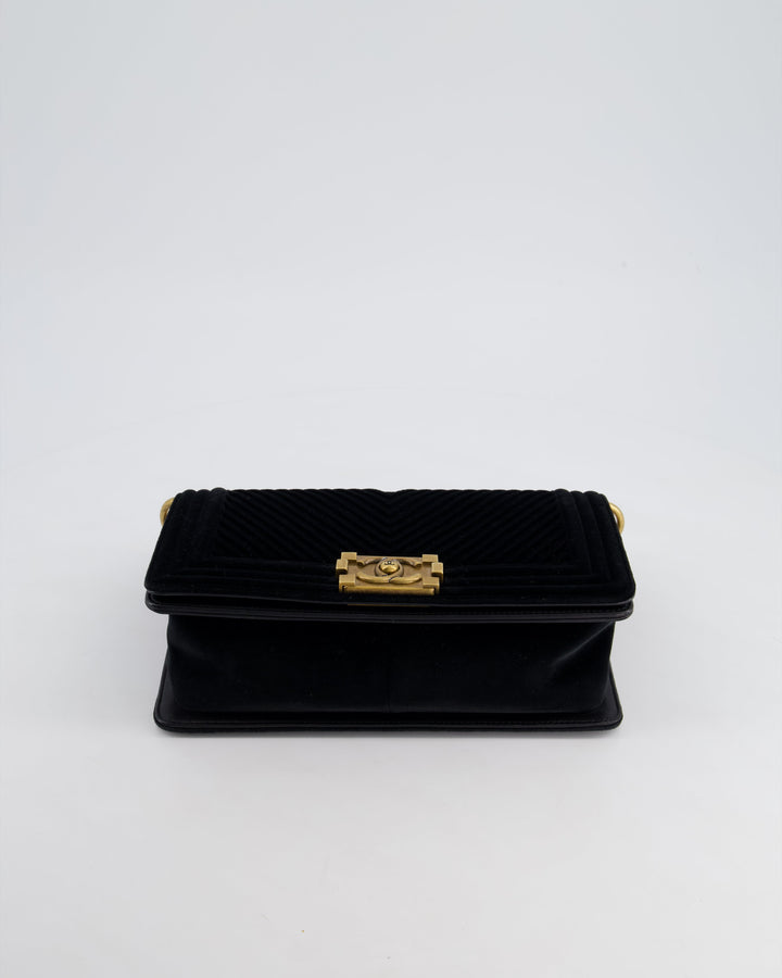 *HOT* Chanel Black Velvet Chevron Medium Boy Bag with CC Logo and Antique Gold Hardware