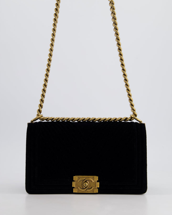 *HOT* Top Quality Chanel Black Velvet Chevron Medium Boy Bag with CC Logo and Antique Gold Hardware