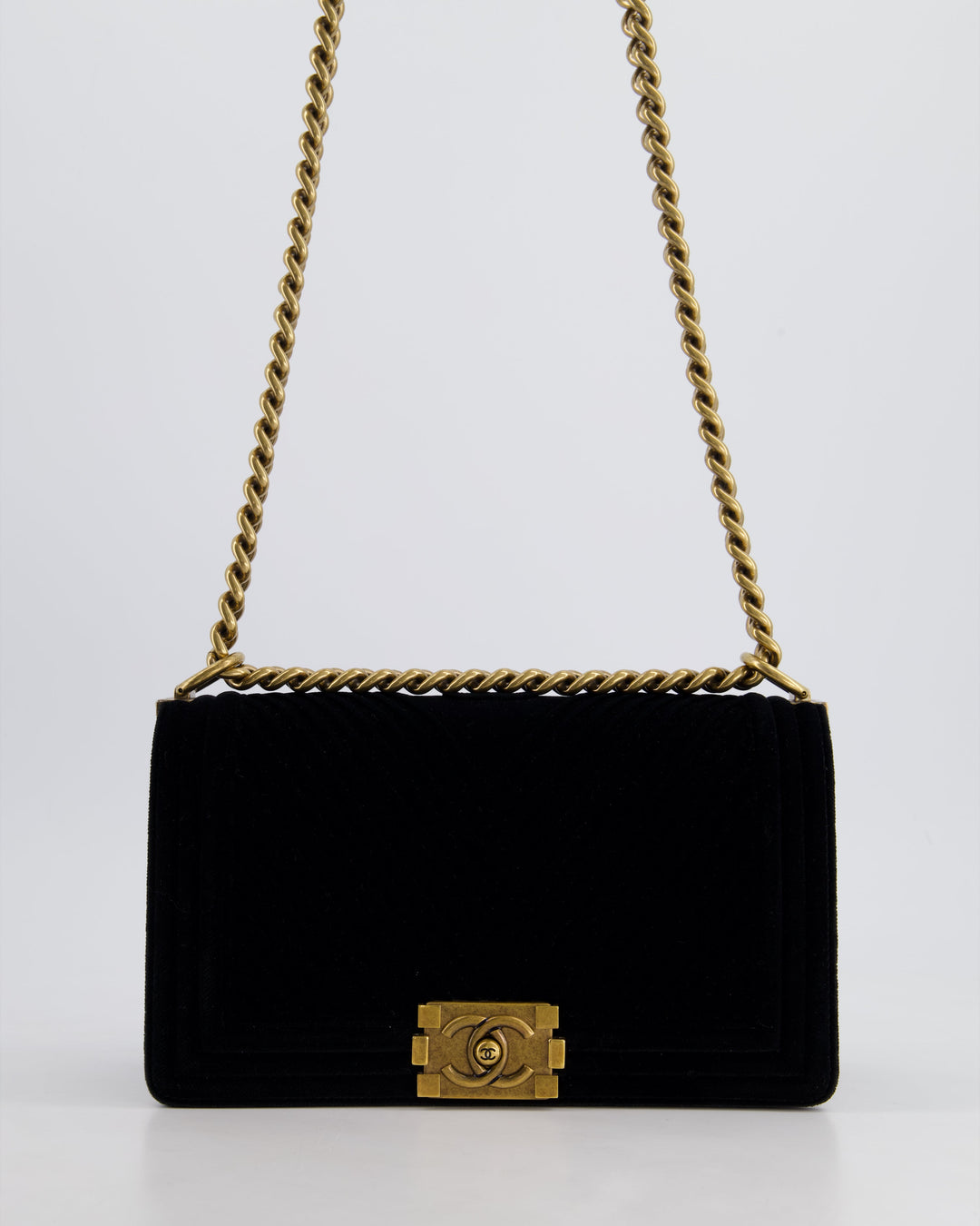 *HOT* Chanel Black Velvet Chevron Medium Boy Bag with CC Logo and Antique Gold Hardware